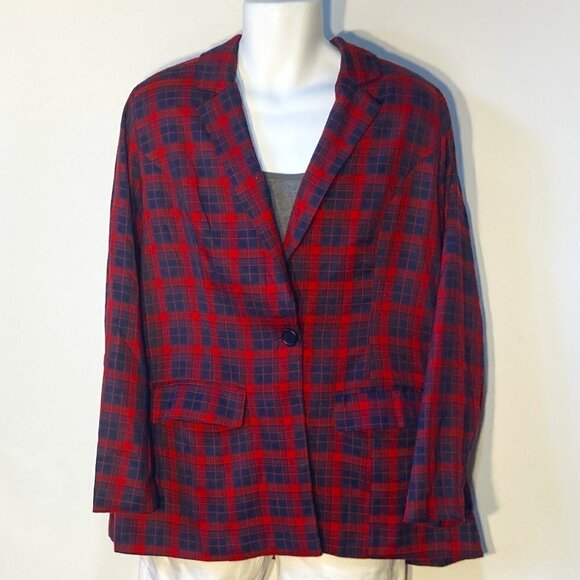Say What SZ 1X Navy & Red Plaid Blazer Academia Heritage Old $ Preppy Work - Picture 1 of 8